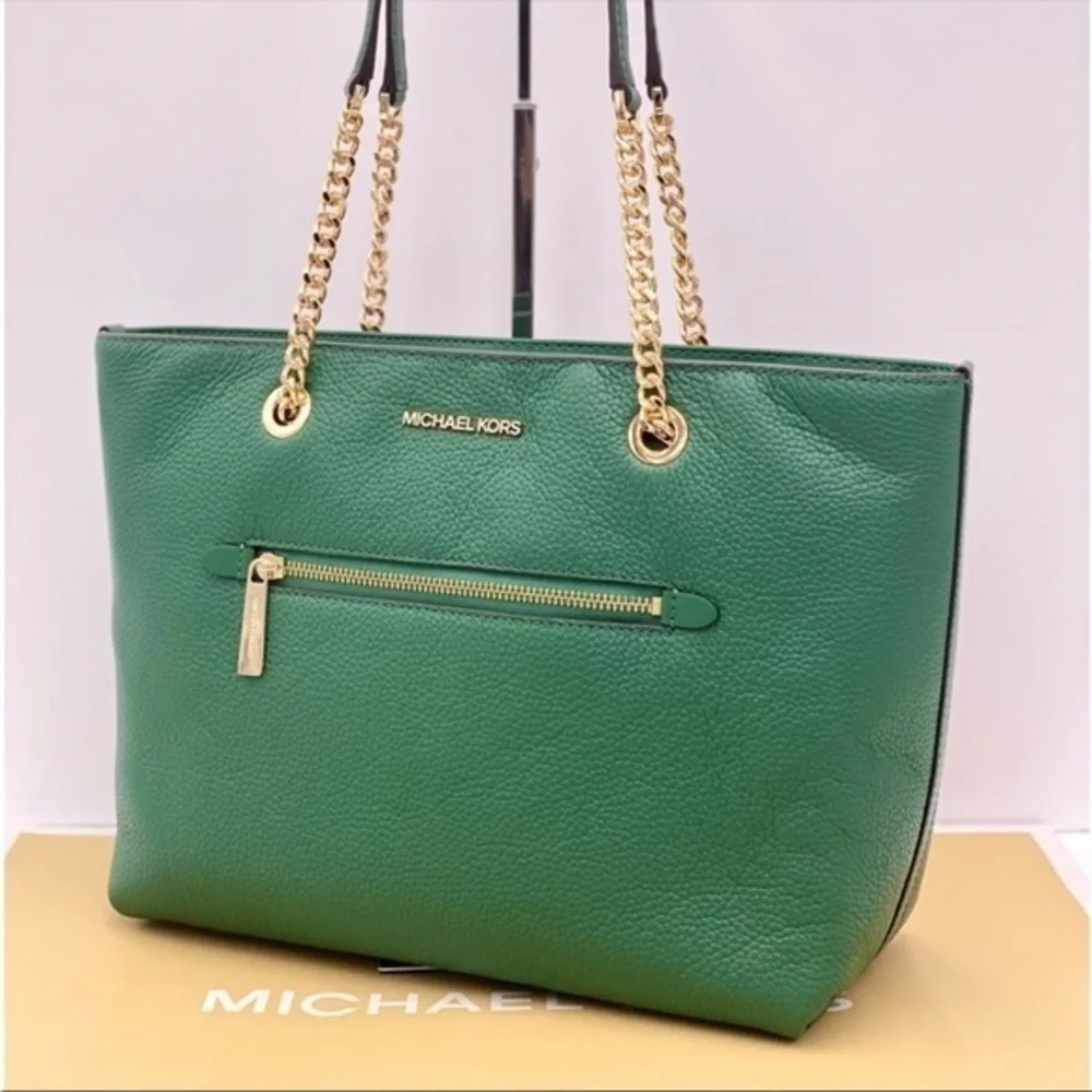 Michael Kors Medium Front Zip Chain Tote Bag Leather JEWEL GREEN