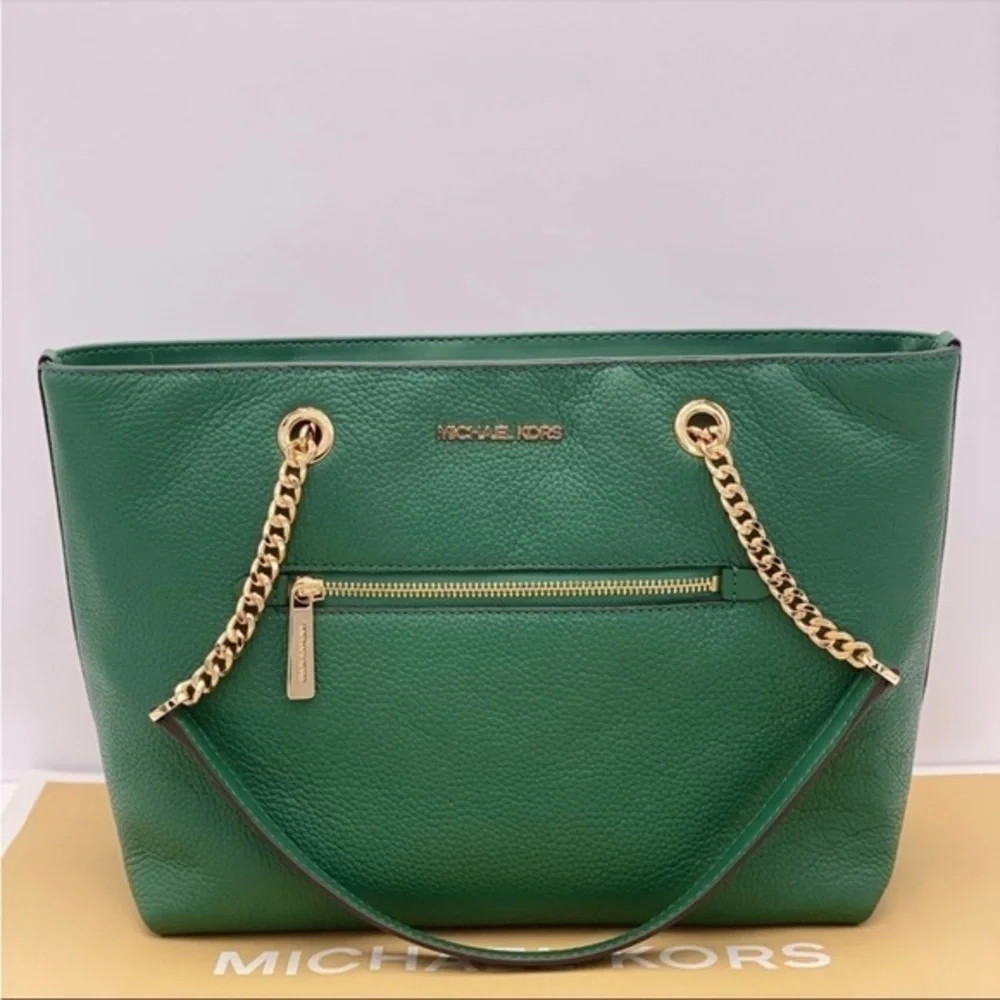 Michael Kors Medium Front Zip Chain Tote Bag Leather JEWEL GREEN