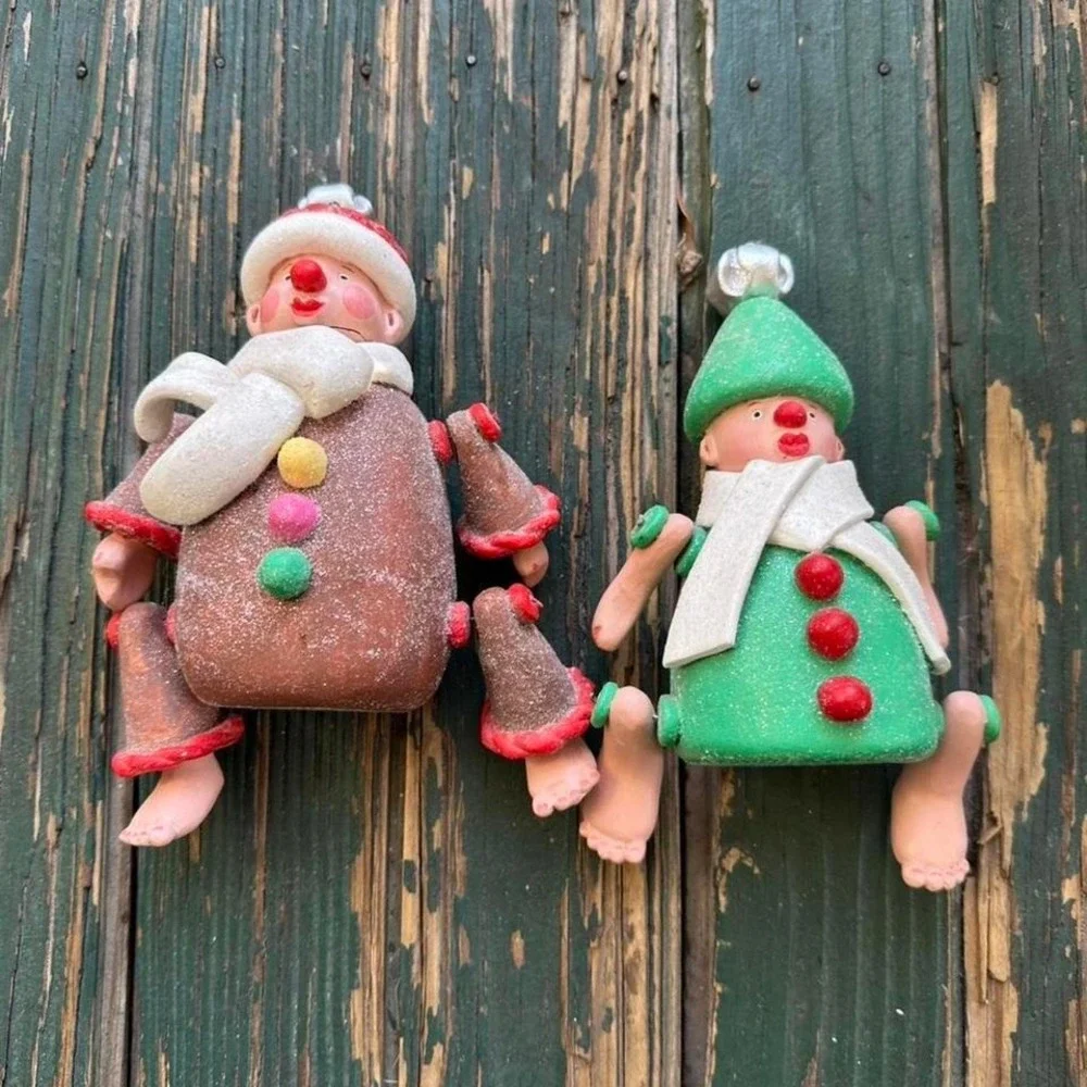 Vintage Style Barefoot Elf Christmas Ornaments Set of 2 Kitsch Holiday Decor