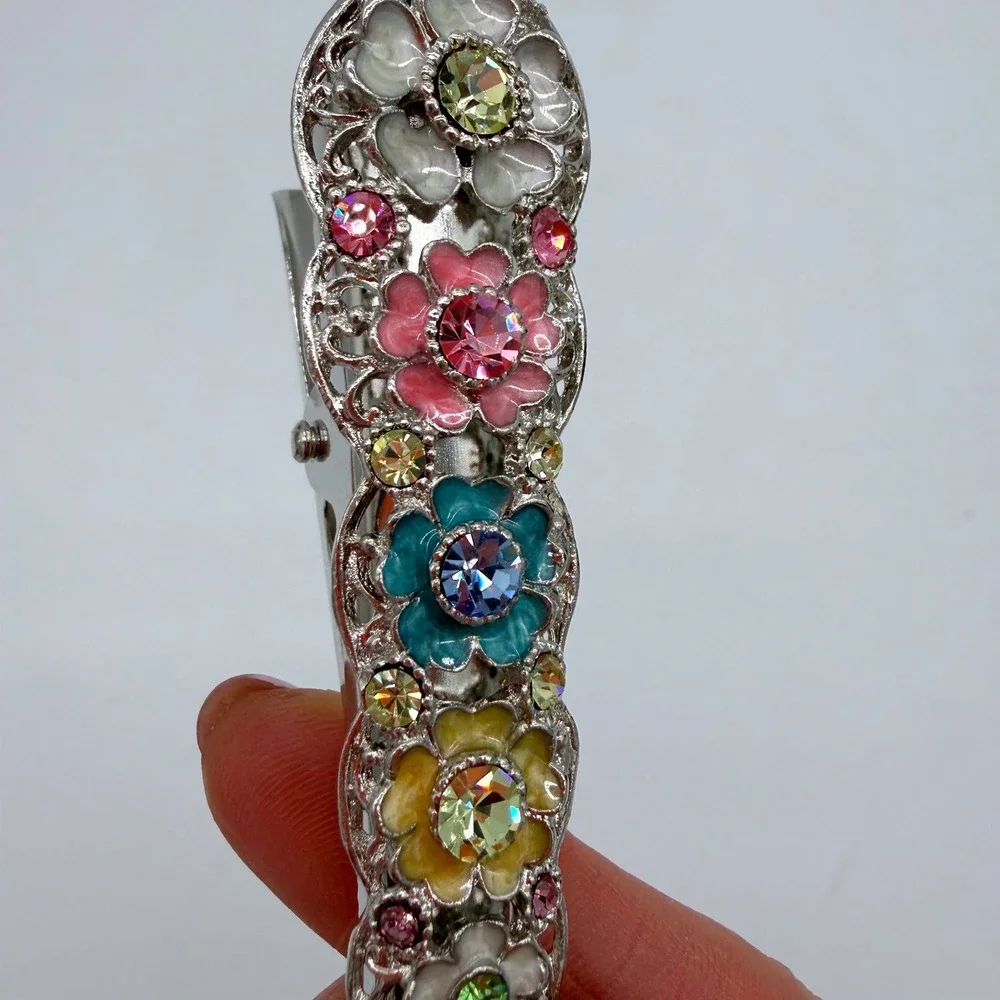 Vintage Pastel Rhinestone Floral Barrette‎ Silver Tone Hair Clip Statement