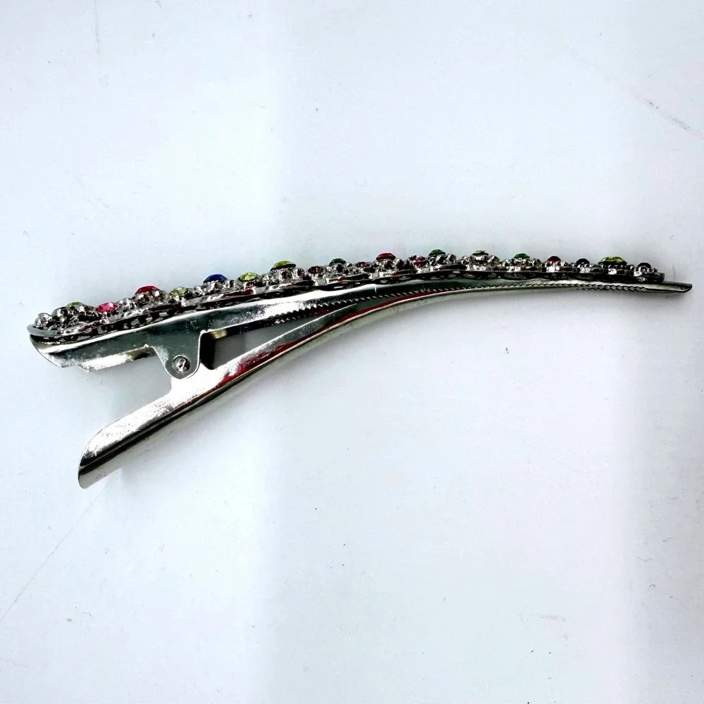 Vintage Pastel Rhinestone Floral Barrette‎ Silver Tone Hair Clip Statement