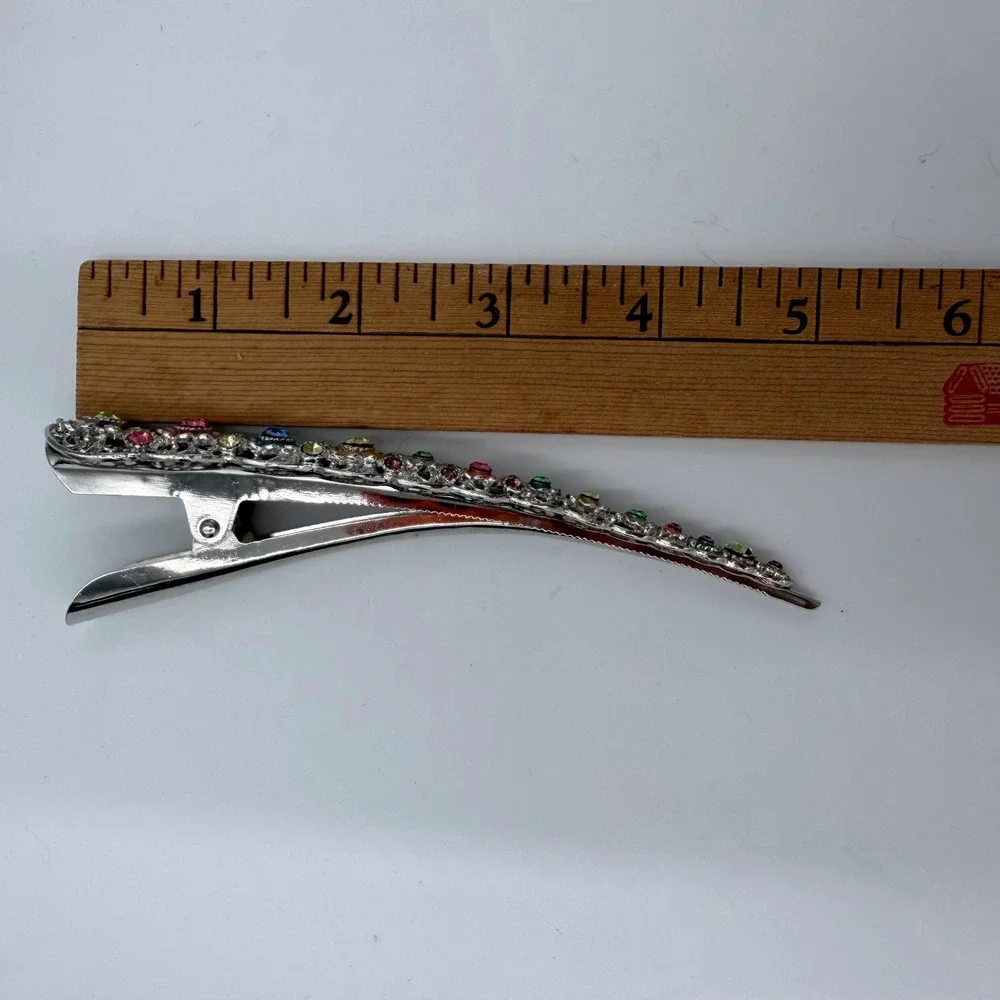 Vintage Pastel Rhinestone Floral Barrette‎ Silver Tone Hair Clip Statement