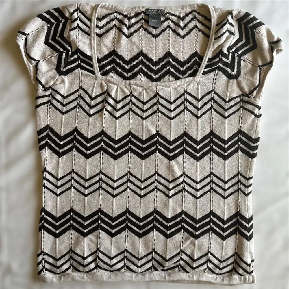 Ann Taylor White & Brown Chevron Square Neck Short‎ Sleeve Sweater Sz PL Twee