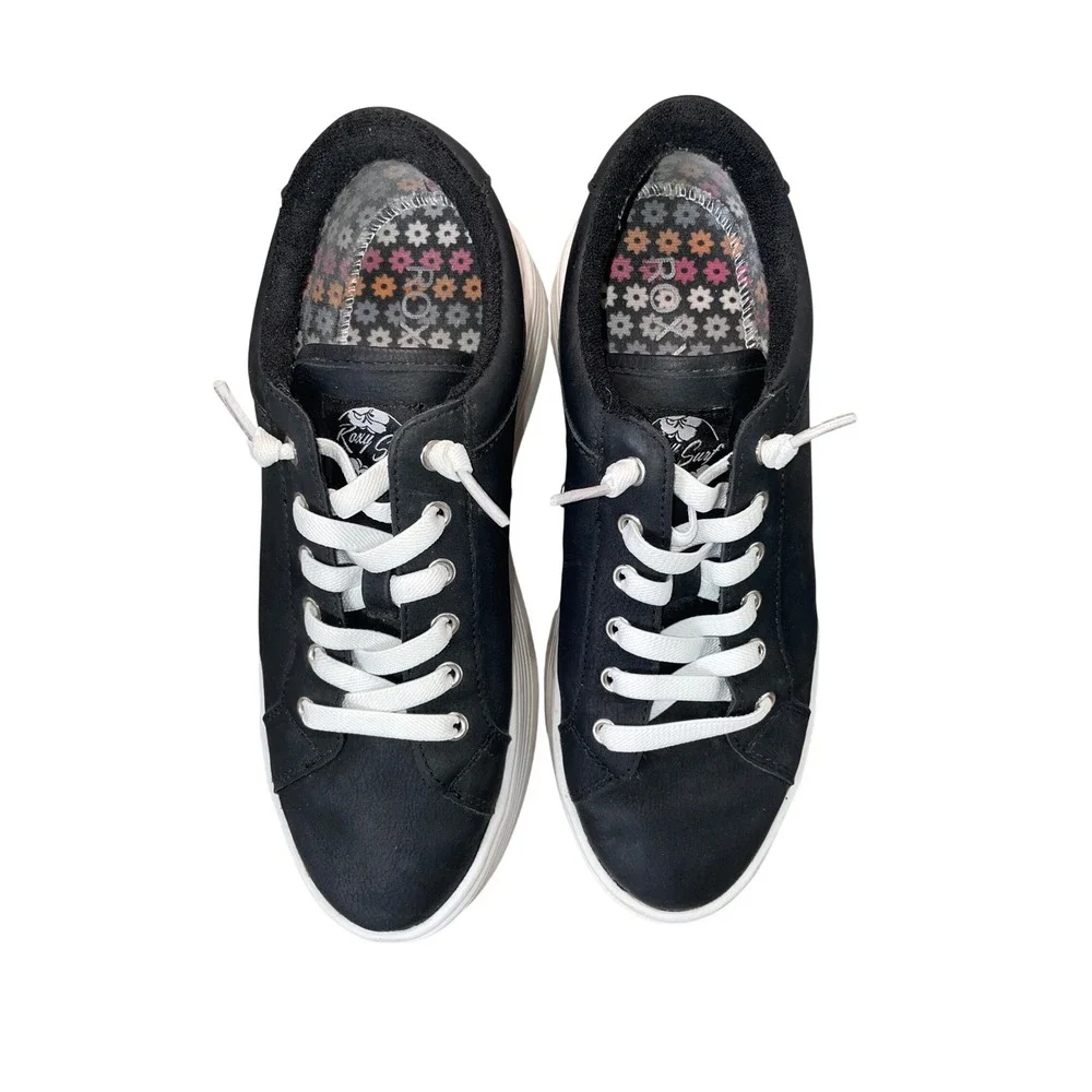 Roxy Surf Women Black Platform Sneakers Low Top Floral Insole White Laces