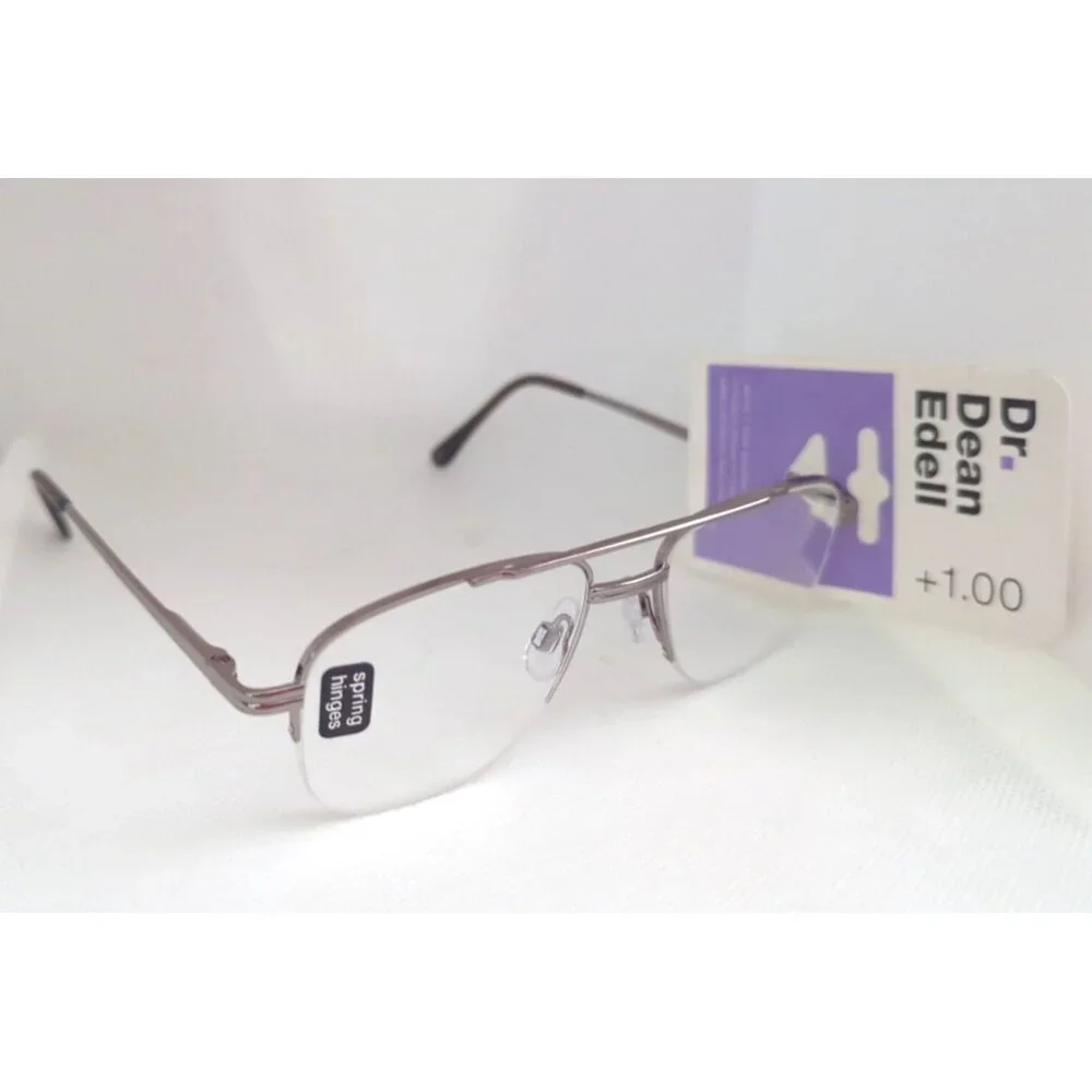Dr. Dean Edell Reading Glasses Aviator Silver Half‎ Rimless Spring +1.00 #50820