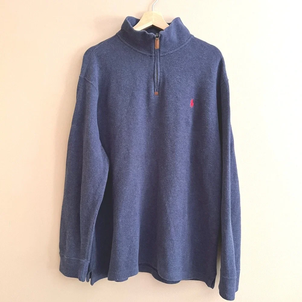 Polo Ralph Lauren Mens XL Quarter Zip Pullover Sweater Navy Blue Red Pony Logo