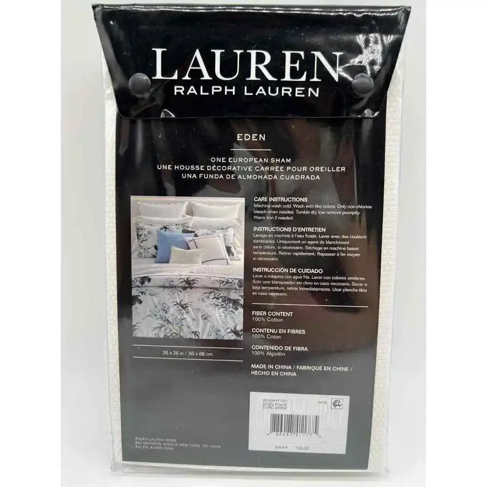 Ralph Lauren EDEN White/Blue Trim Pique EURO Sham 26x26 $135 NWT!