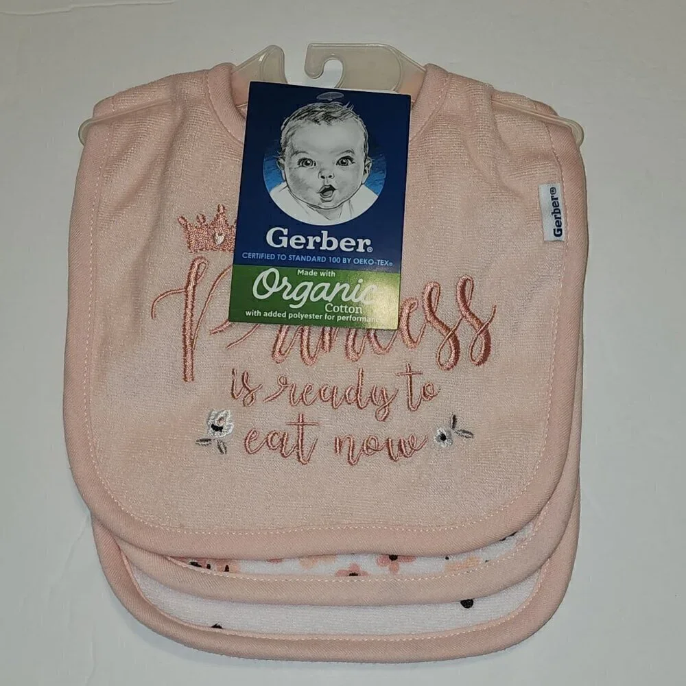 Gerber Organic baby girl bibs 3  sets of 3 Princess Floral