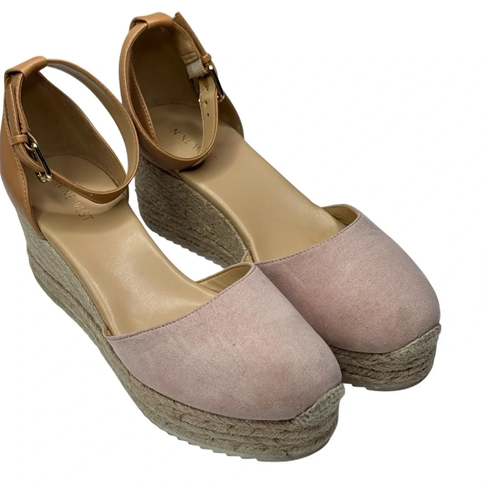 New Nine West Ariela Pink & Beige Espadrille Wedge Sandals Ankle Strap Size 10 M