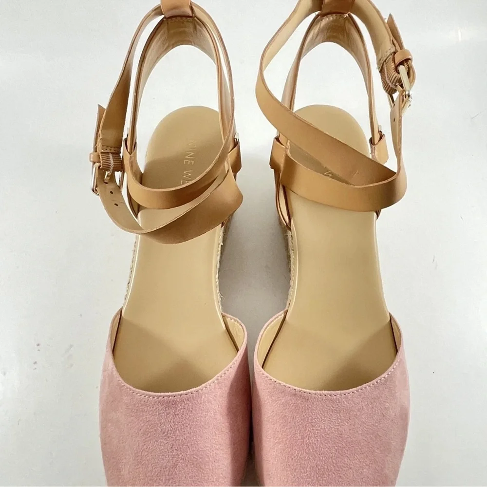New Nine West Ariela Pink & Beige Espadrille Wedge Sandals Ankle Strap Size 10 M