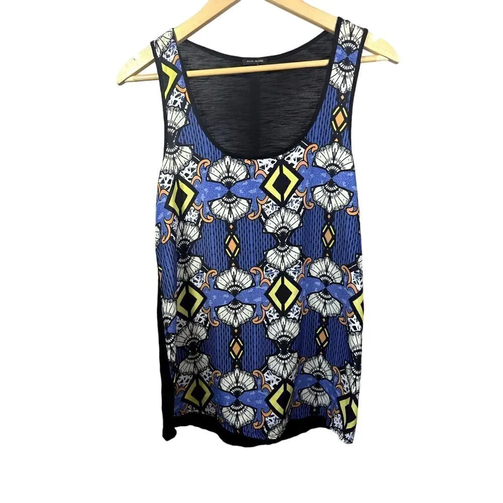 RIVER ISLAND Women's Fan Print Scoop Neck Sleeveless Top Blue Size 8