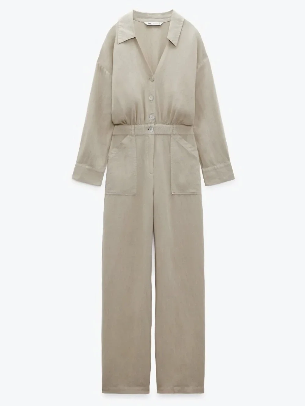 Zara Beige Linen Blend Button Front Collared Wide Leg Jumpsuit