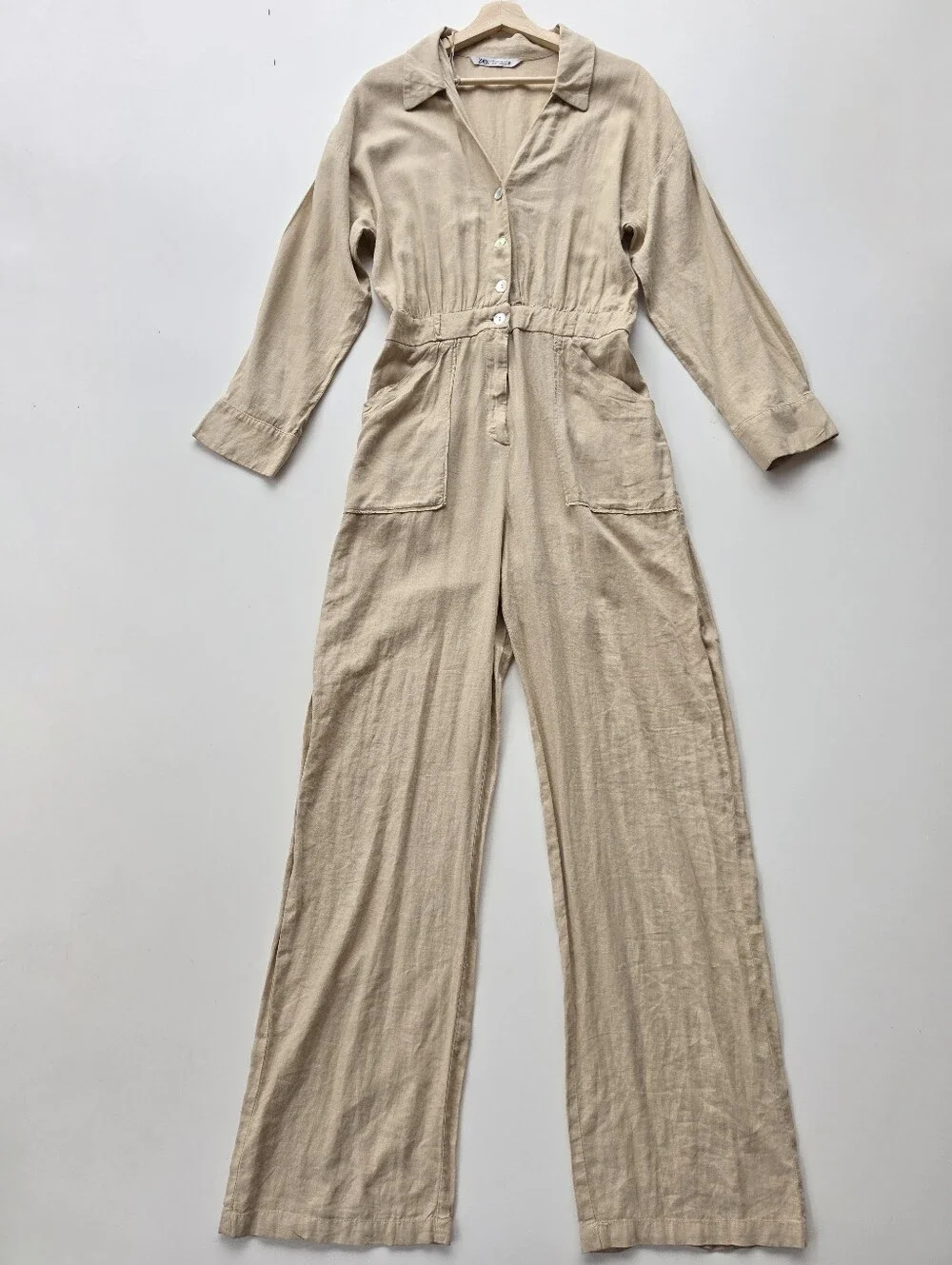 Zara Beige Linen Blend Button Front Collared Wide Leg Jumpsuit