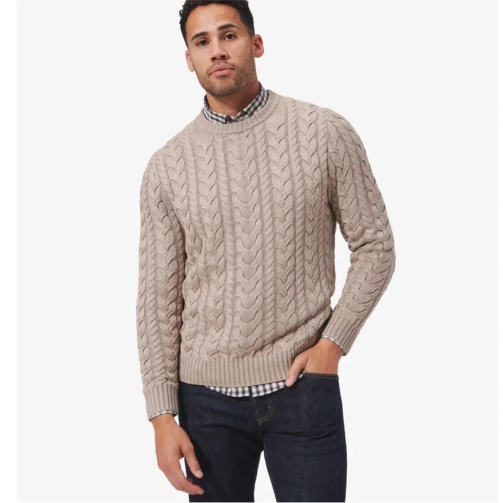 Mizzen + Main Redford Cable Knit Crewneck Sweater Mens XL Beige/Khaki NEW