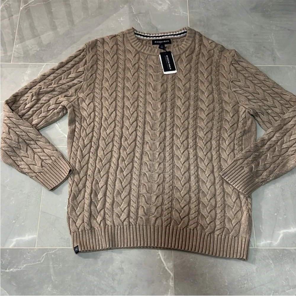 Mizzen + Main Redford Cable Knit Crewneck Sweater Mens XL Beige/Khaki NEW