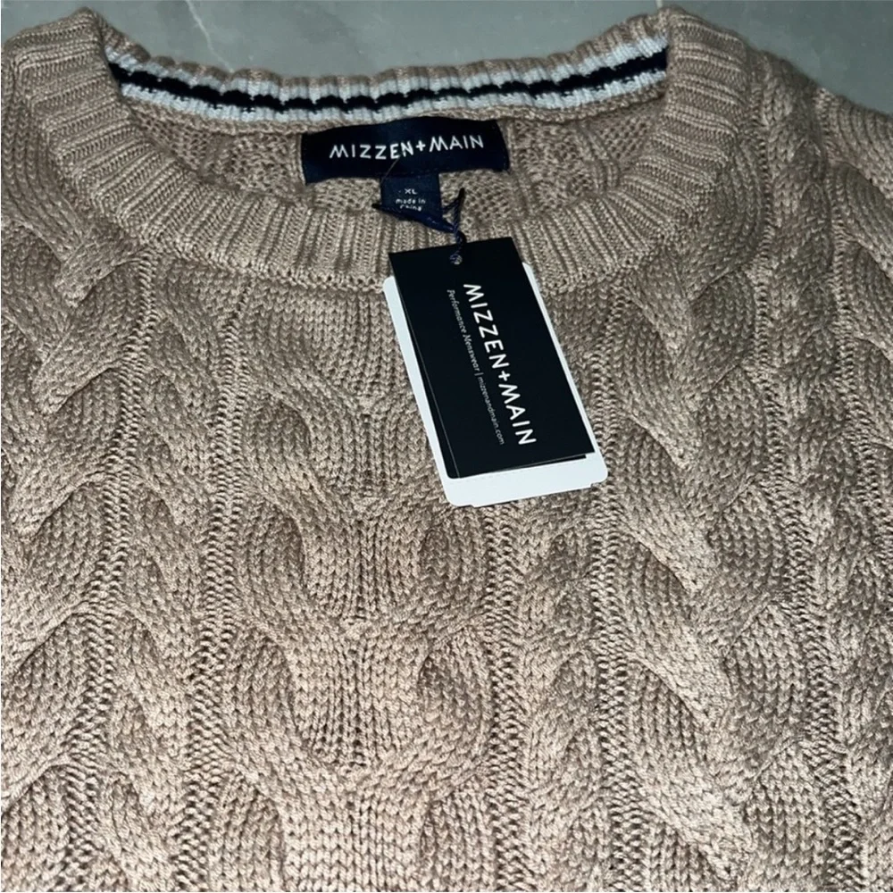 Mizzen + Main Redford Cable Knit Crewneck Sweater Mens XL Beige/Khaki NEW