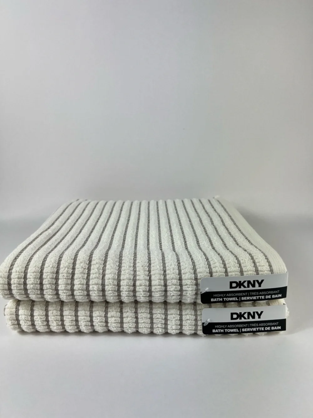 DKNY Ribbed Bath Towels in Ivory Tan Stripes Textured Soft Cotton Set of 2 NEW