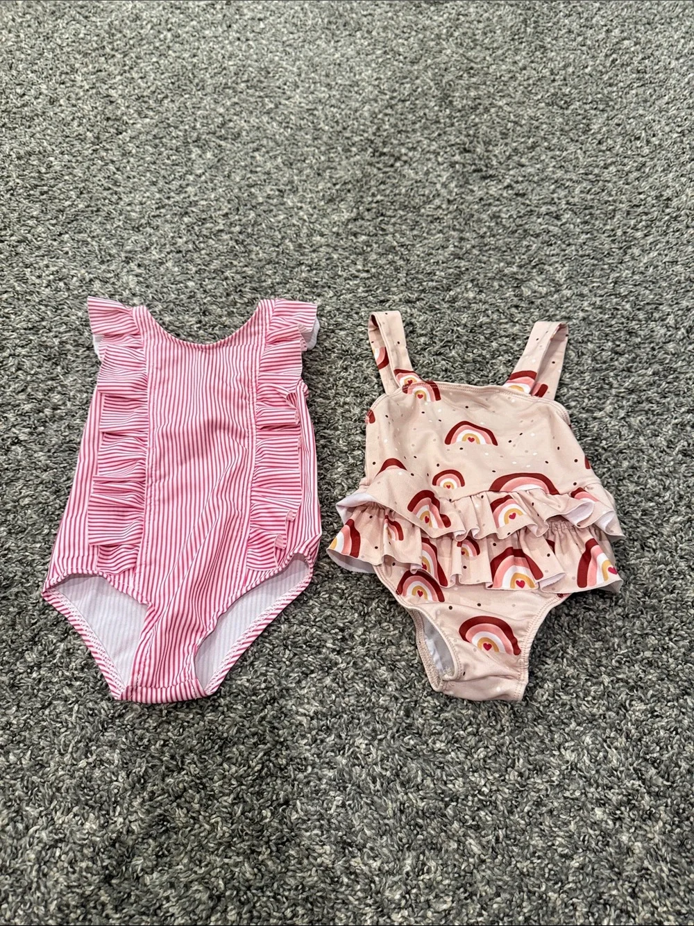 Girls Pink Stripe & Rainbow Ruffle One-Piece Swimsuits