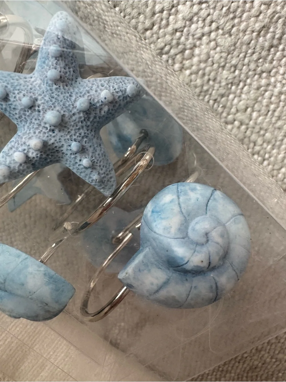 Set of 12 Light Blue Nautical Shower Curtain Hooks - Shell, Starfish, Conch