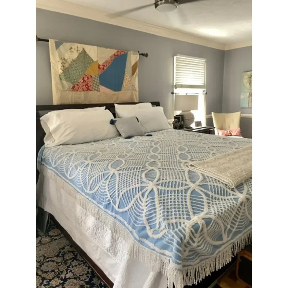 Vintage Blue White Chenille Bedspread 90x96 Full Queen Cottagecore Shabby Chic