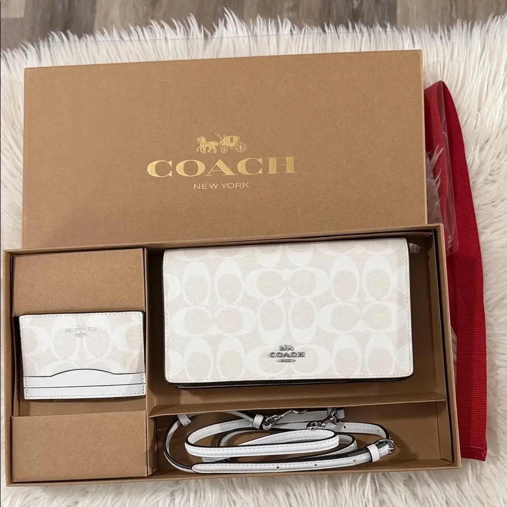 Coach Cream and Ivory Signature Pattern Crossbody Bag Set NWT