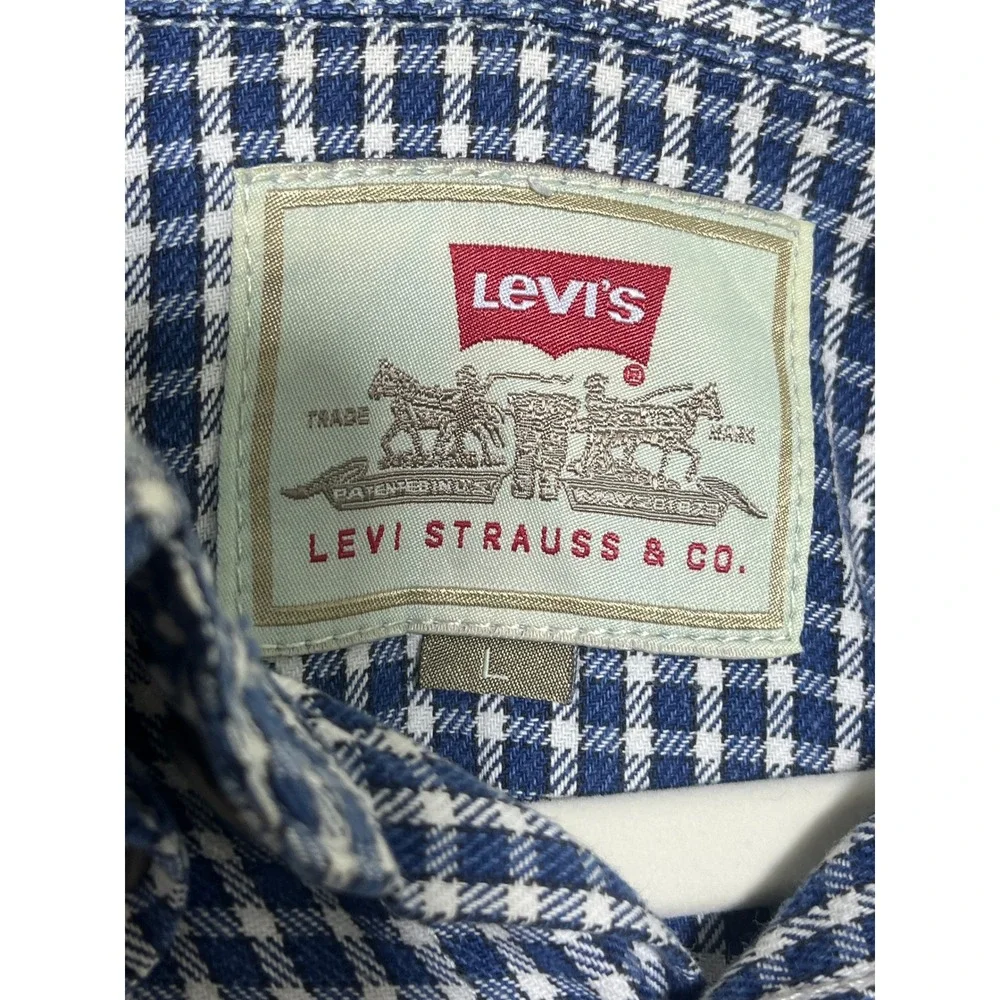 Levis Mens Blue White Gingham Check Button Down Shirt Large Long Sleeve Cotton