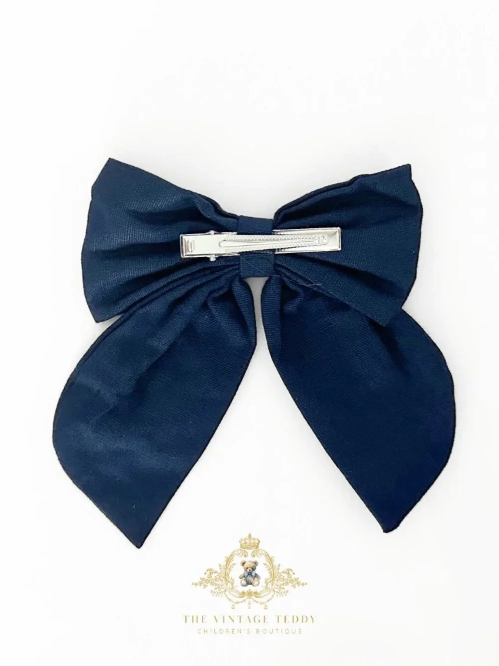 NWT Lovely Girls Embroidered Floral Hair Bow Clip-On Kids Hair Accessory Navy