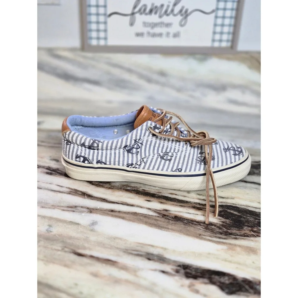 Sperry Top-Sider Bahama Mens 9M Blue White Striped Anchor Boat Shoe Sneakers