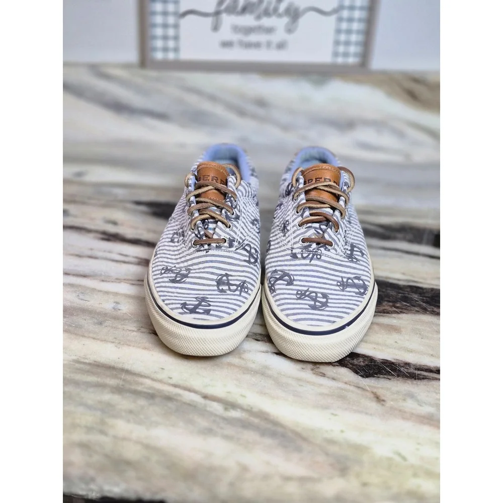 Sperry Top-Sider Bahama Mens 9M Blue White Striped Anchor Boat Shoe Sneakers
