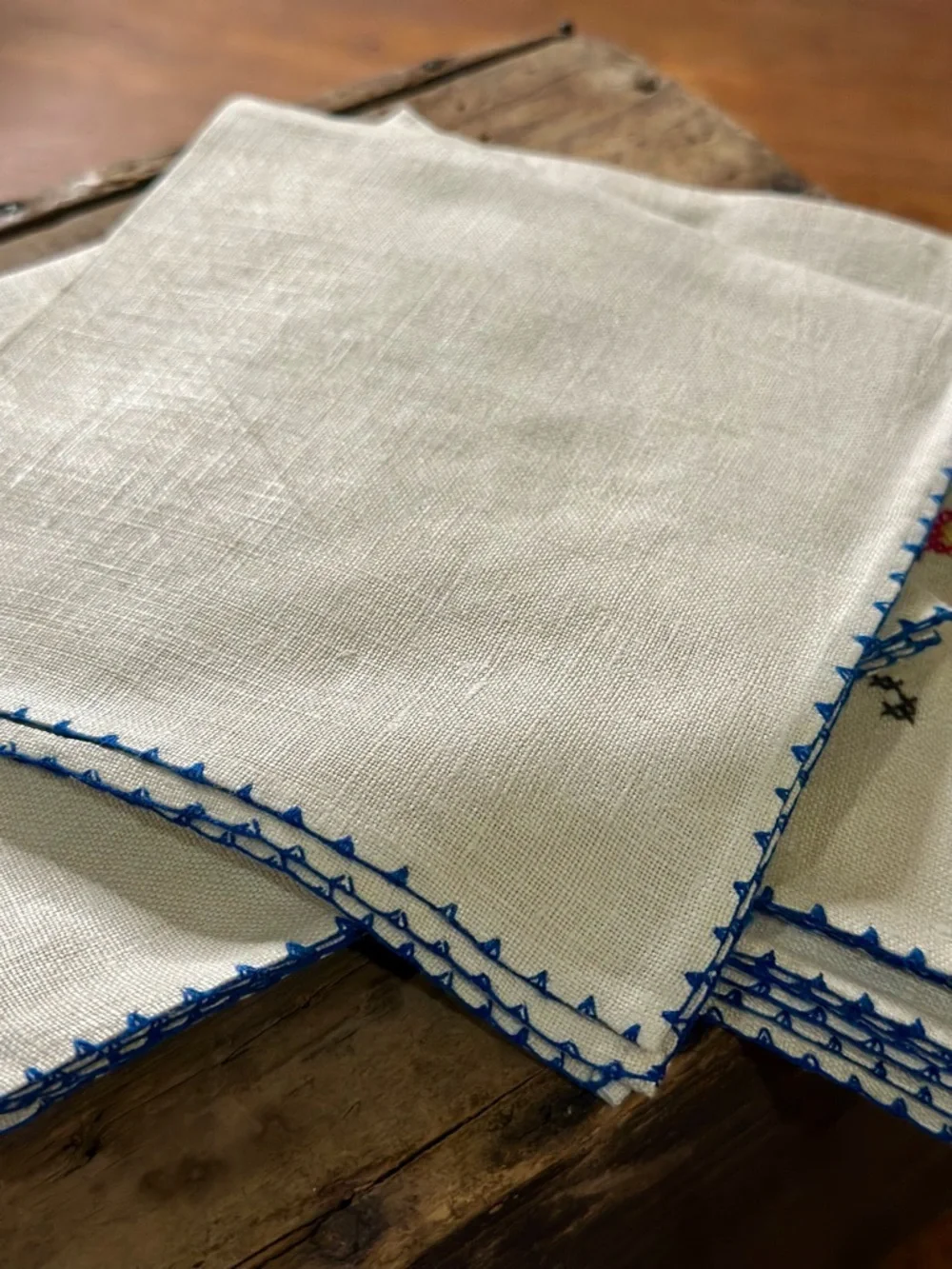 6 Vintage Hand Embroidered Floral Linen Napkins with Blue Trim