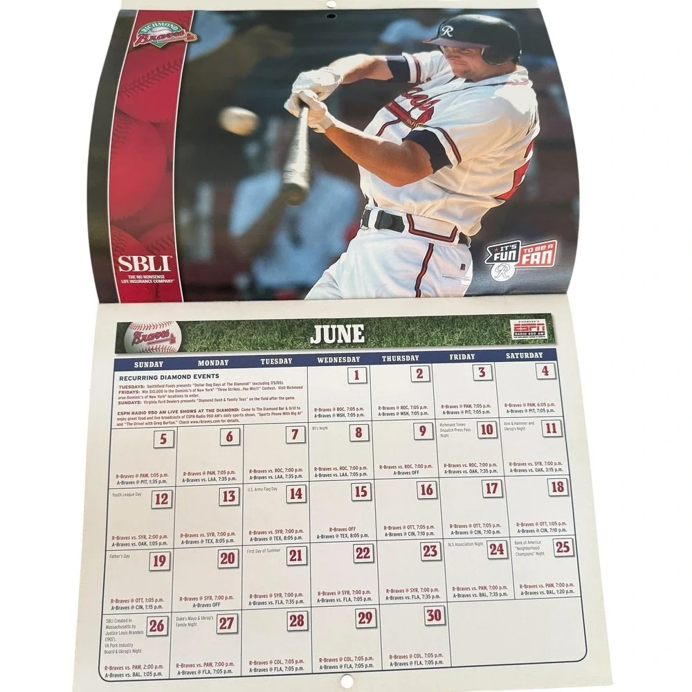 Vintage 2005 Richmond Braves Wall Calendar One Size Brown Minor League‎ Baseball