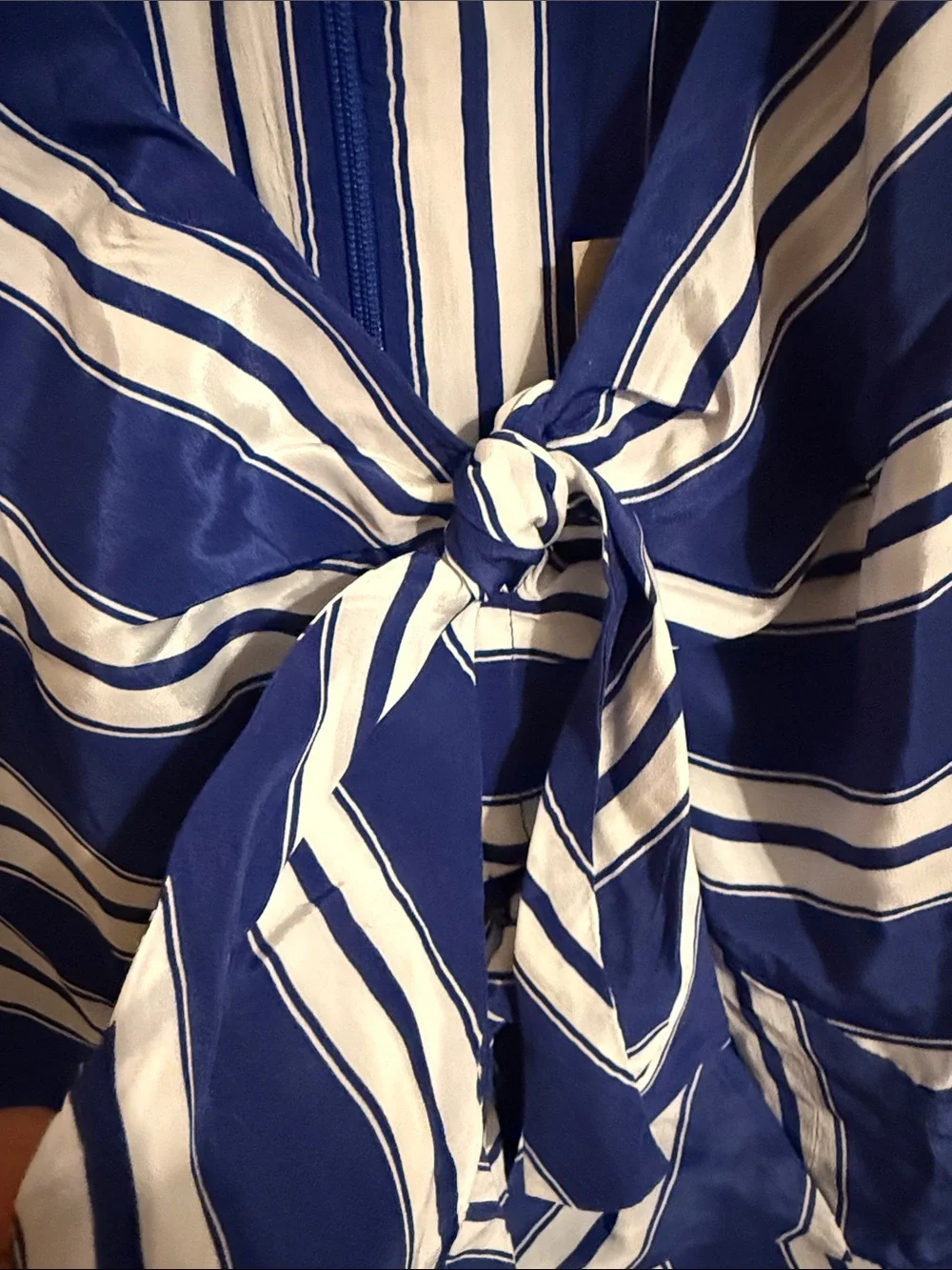 NWT J.Crew Size 4 Blue White Stripe 3 Tie Front Peplum Top Silk Feel, Lined