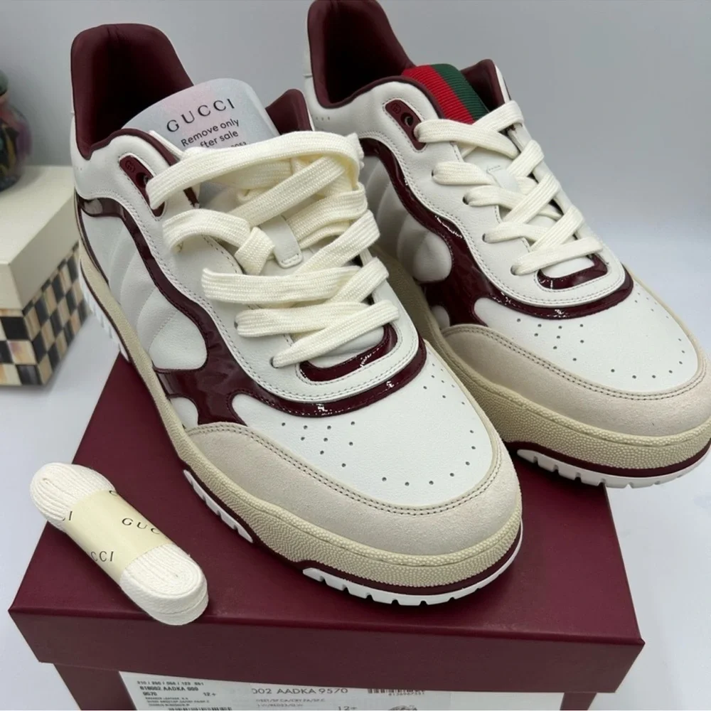 Men’s Gucci re-Web sneakers in white leather with red accent size 12.5 Italy