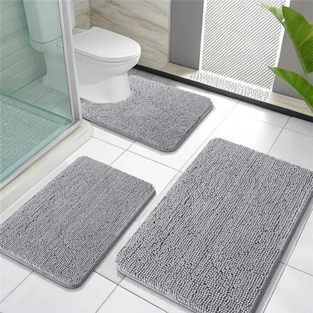 Chenille Bathroom Rug Set 3 Piece Soft Absorbent Quick Dry Bath Mats Grey