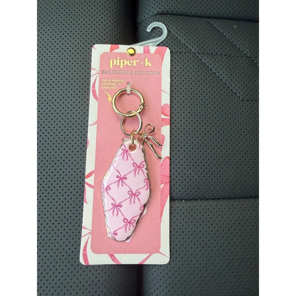 Piper K Pink Bow Motel Bag Charm Keychain‎ Gold Tone Coquette Ribbon New