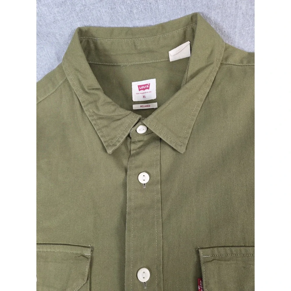 Levis Mens XL‎ Shirt Relaxed Fit Olive Green Safari Flap Pockets Cowboy Western