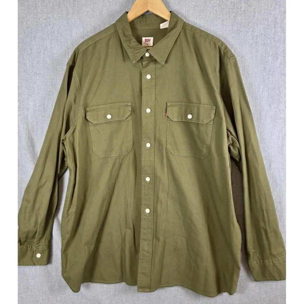 Levis Mens XL‎ Shirt Relaxed Fit Olive Green Safari Flap Pockets Cowboy Western