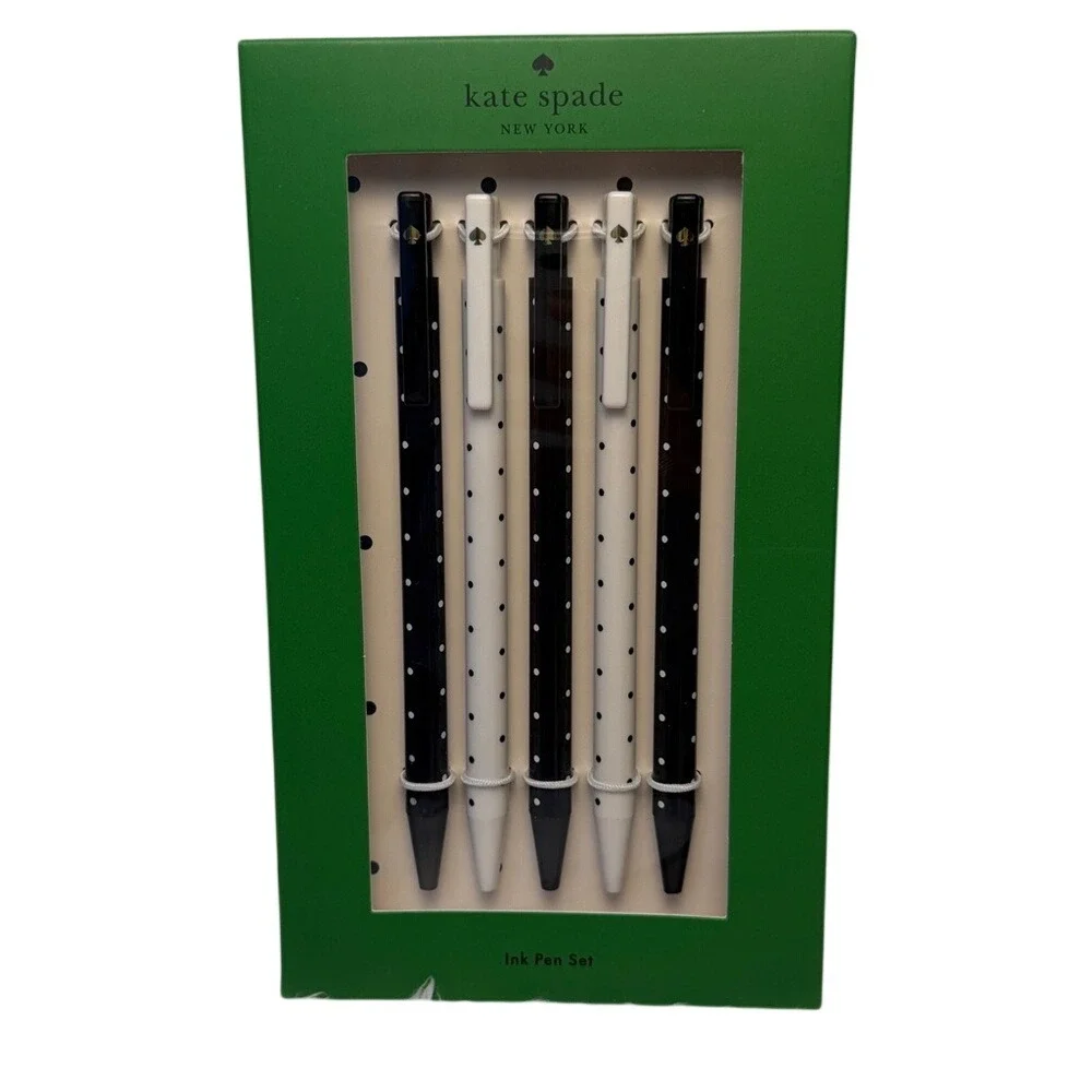 Kate Spade New York Ink Pen Set 5 Pack Black White Polka Dot Gold Spade Logo NIB