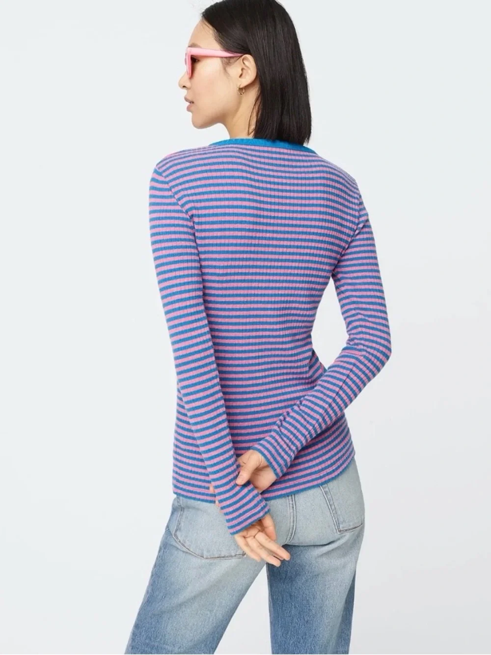 NWT J. Crew Ribbed Henley Stripe Rose Pink Blue Juliette Long Sleeve