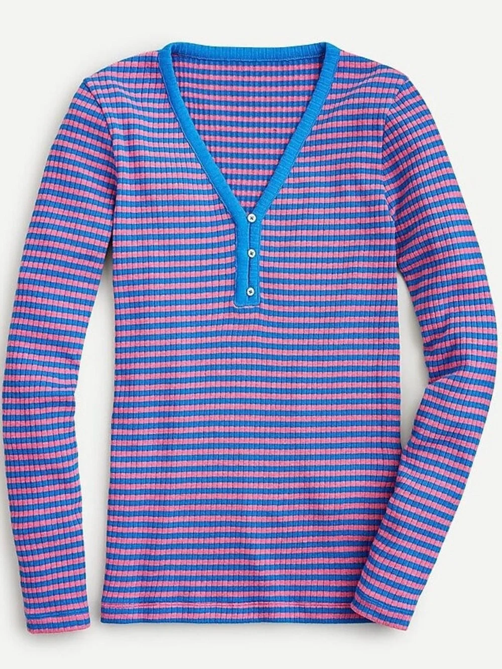 NWT J. Crew Ribbed Henley Stripe Rose Pink Blue Juliette Long Sleeve