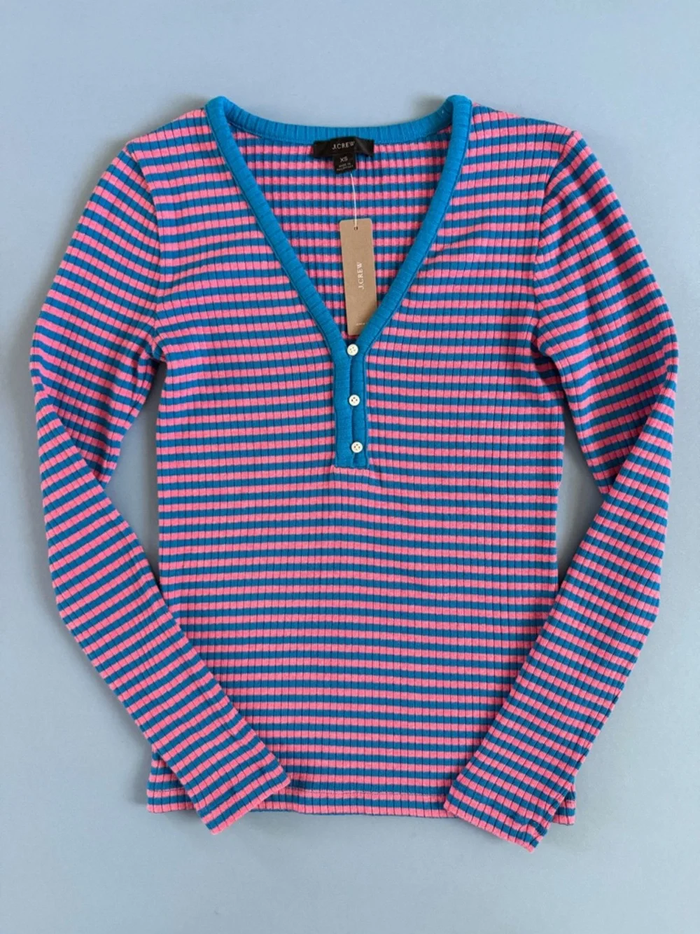 NWT J. Crew Ribbed Henley Stripe Rose Pink Blue Juliette Long Sleeve