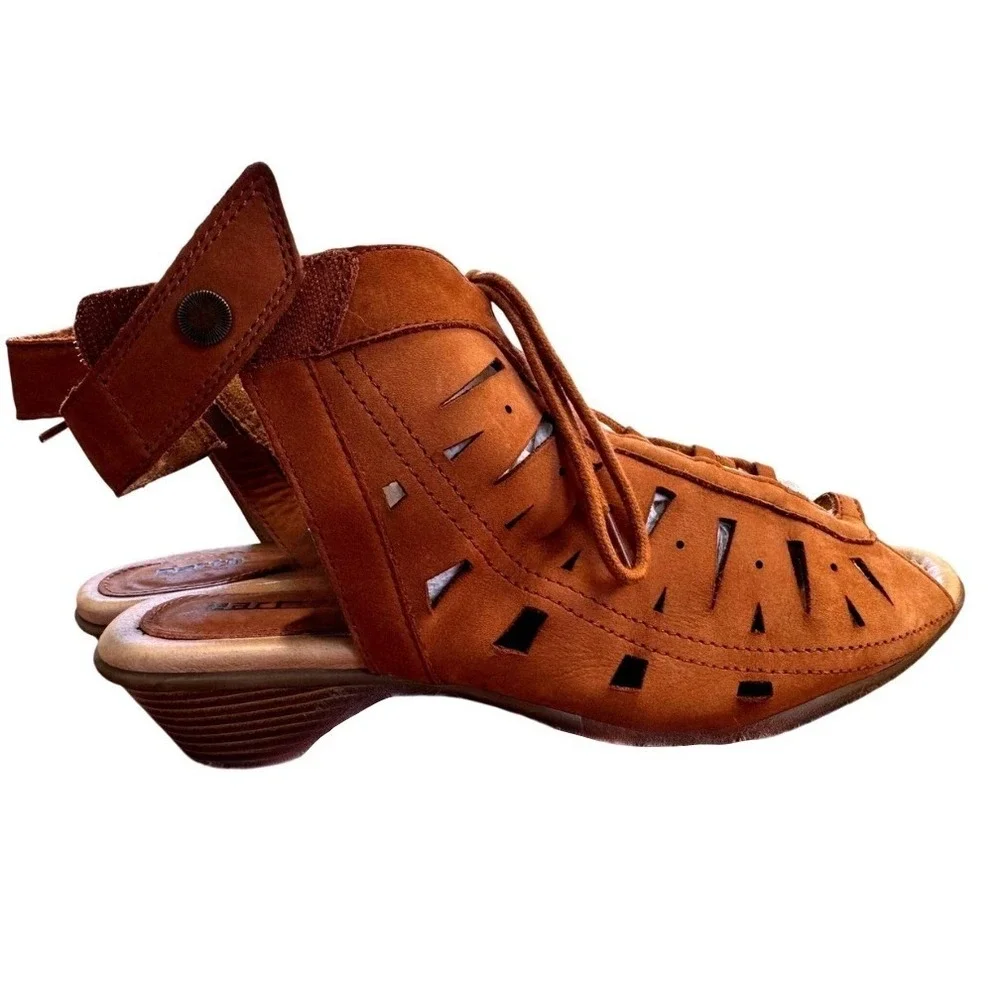 Earth Lace Up Nubuck Leather Boho Festival Cutout Peep Toe Brown Bootie Sandals