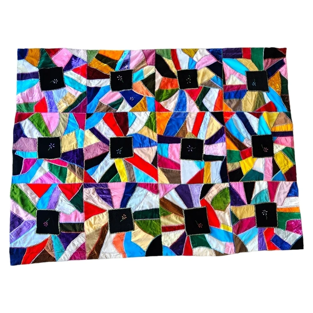 ANTIQUE Velvet Crazy Quilt bright‎ colors floral embroidered 73in x 55in