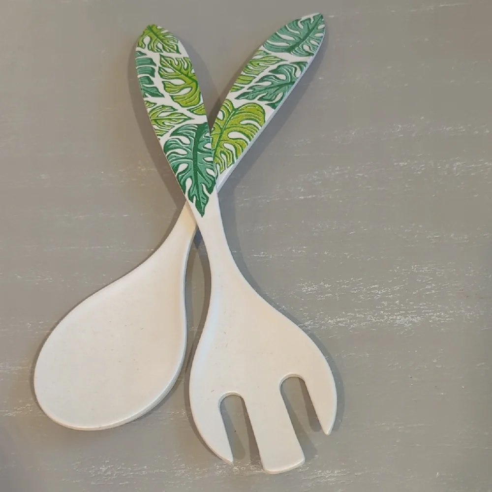 Anthropologie Salad Servers Set Melamine Monsterra Tropical Leaf‎ Print