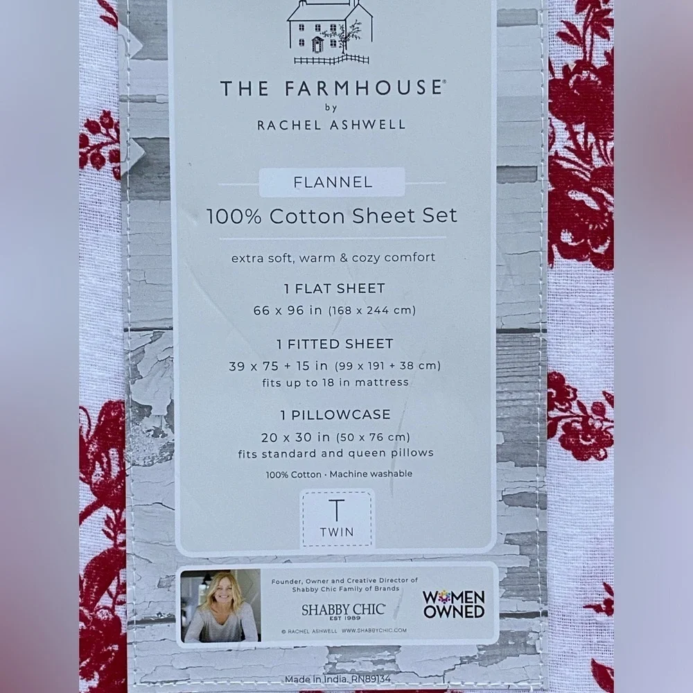 The Farmhouse Rachel Ashwell Red White Floral Flannel Cotton TWIN Sheet Set 3pc