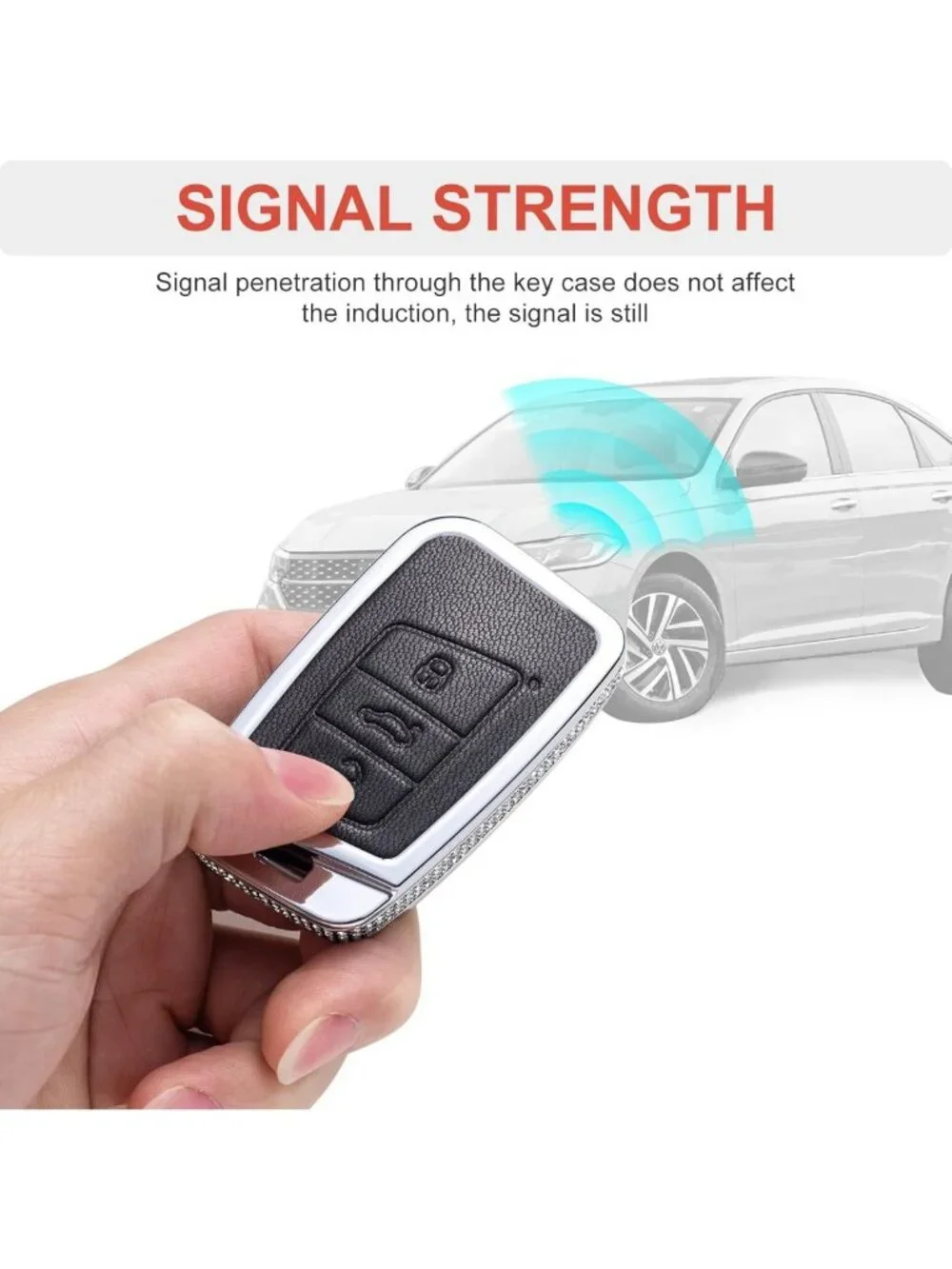 Leather Key Fob Cover with Keychain for VW - 360° Protection, Crystal Design, 3