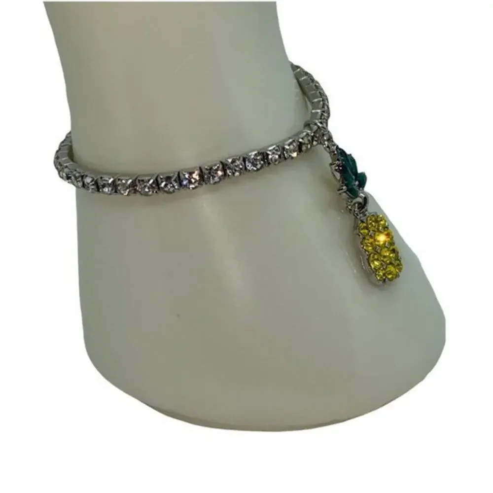 New NWT Silver-Tone Green Yellow Pineapple Rhinestone Beaded Stretch Bracelet