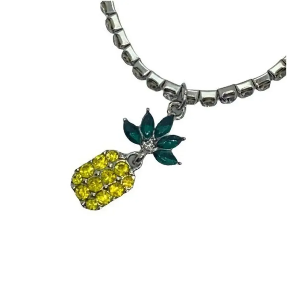 New NWT Silver-Tone Green Yellow Pineapple Rhinestone Beaded Stretch Bracelet