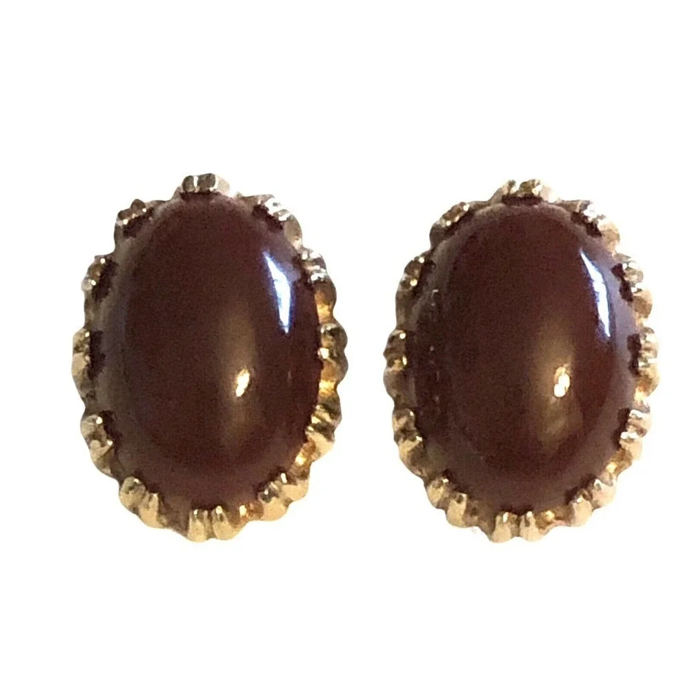 Reja Glass Domed Carnelian Cabochon Gold Plated Signed Clip On Earrings
