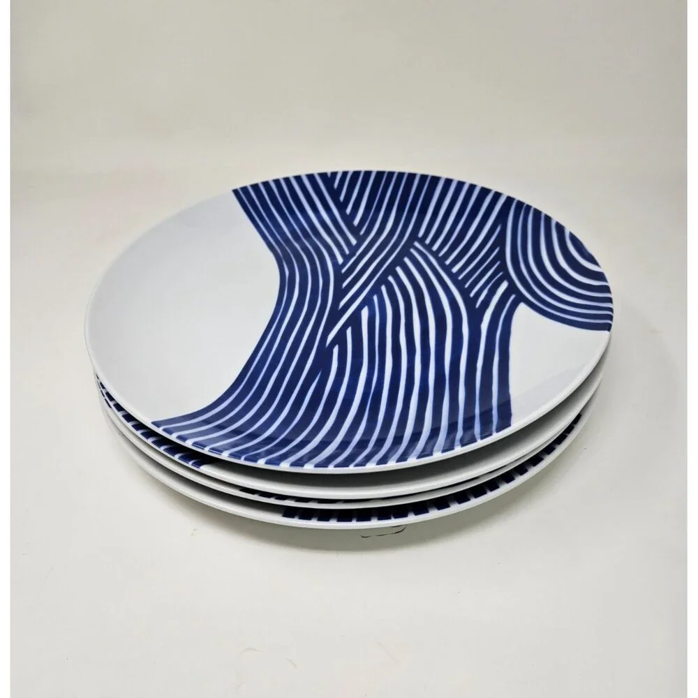 WEST ELM WAVE DINNER PLATES John Newdigate Ceramics Lot of 4 Blue Lines 10 Inch